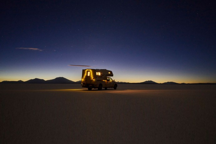 Vehicle dusk salt flag bolivia